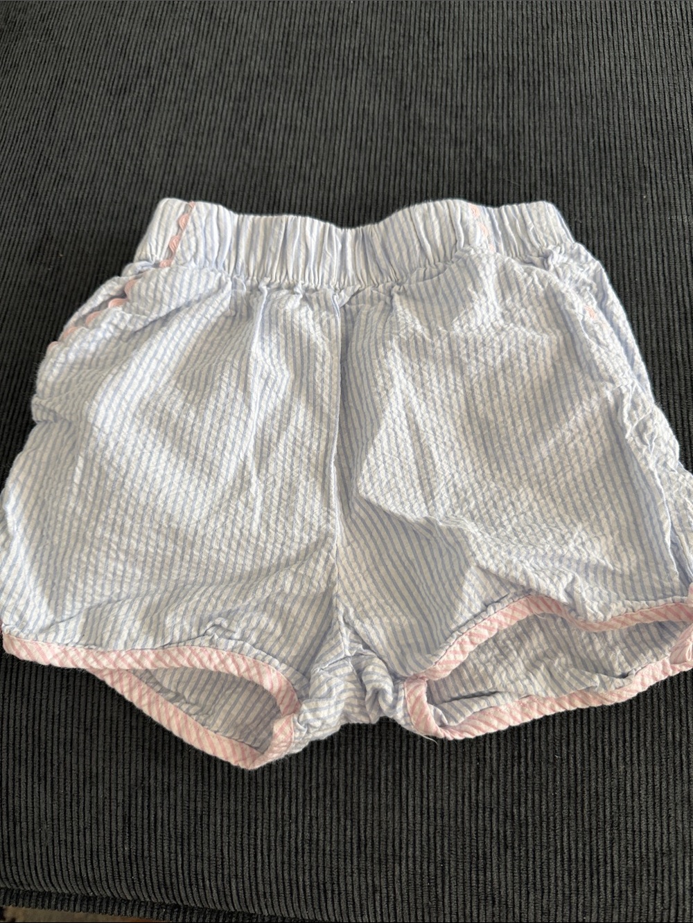 Girls' Light Blue Seersucker Shorts with Pink Trim